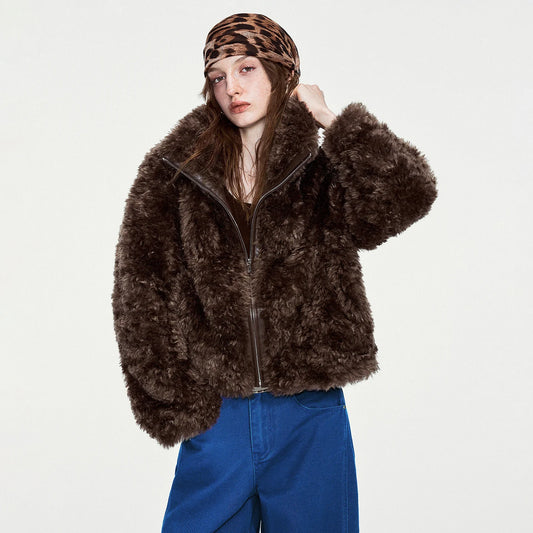 Women Short Luxury Fleece Coat New Stand Collar Nomadic Overcoat