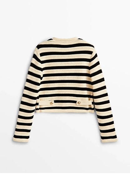 Autum new arrival sweater button black and white stripes knitting cardigan short outwear