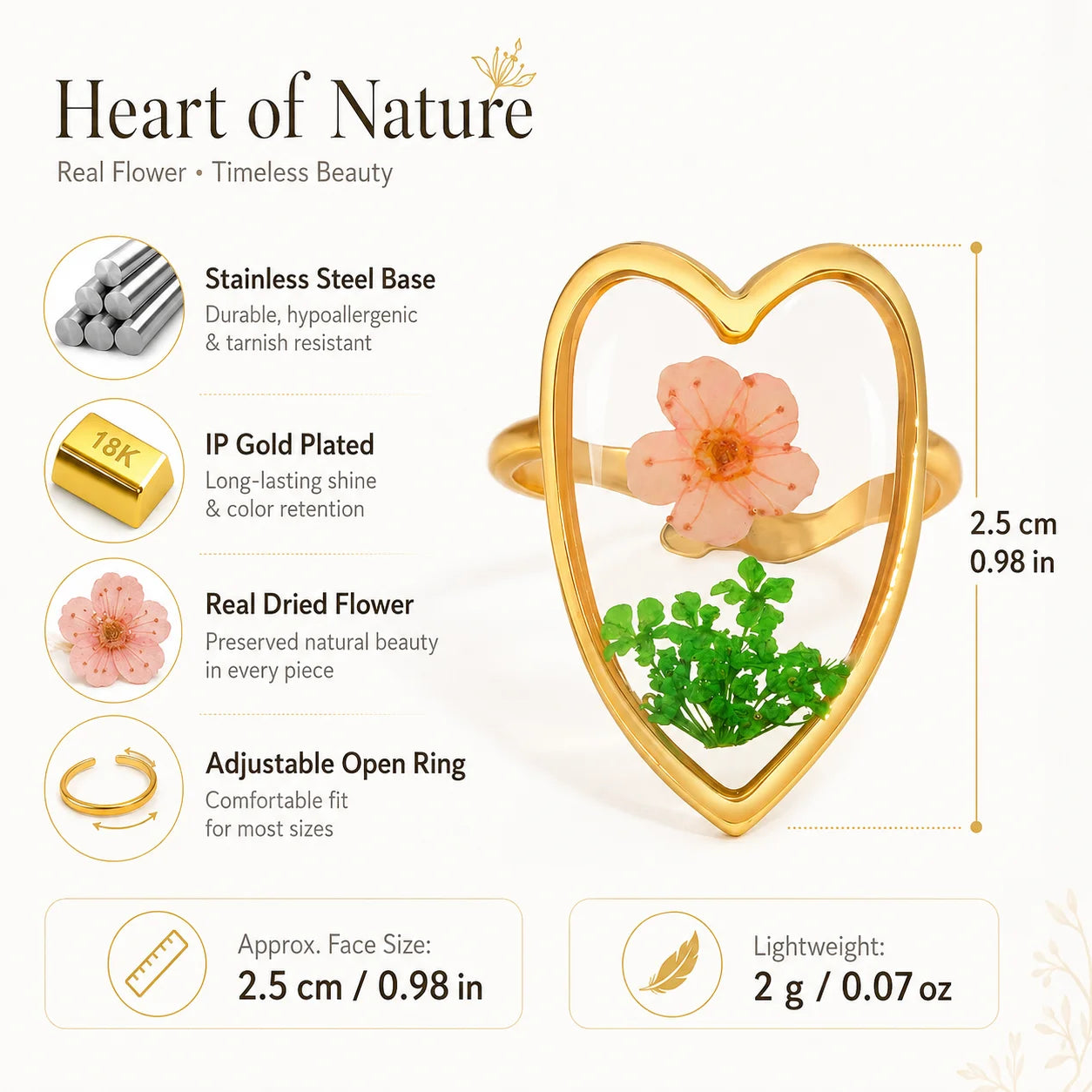 Stainless Steel Rings for Women Dried Flower Resin Jewelry Dainty Geometric Open Adjustable Vintage Floral Rings Waterproof
