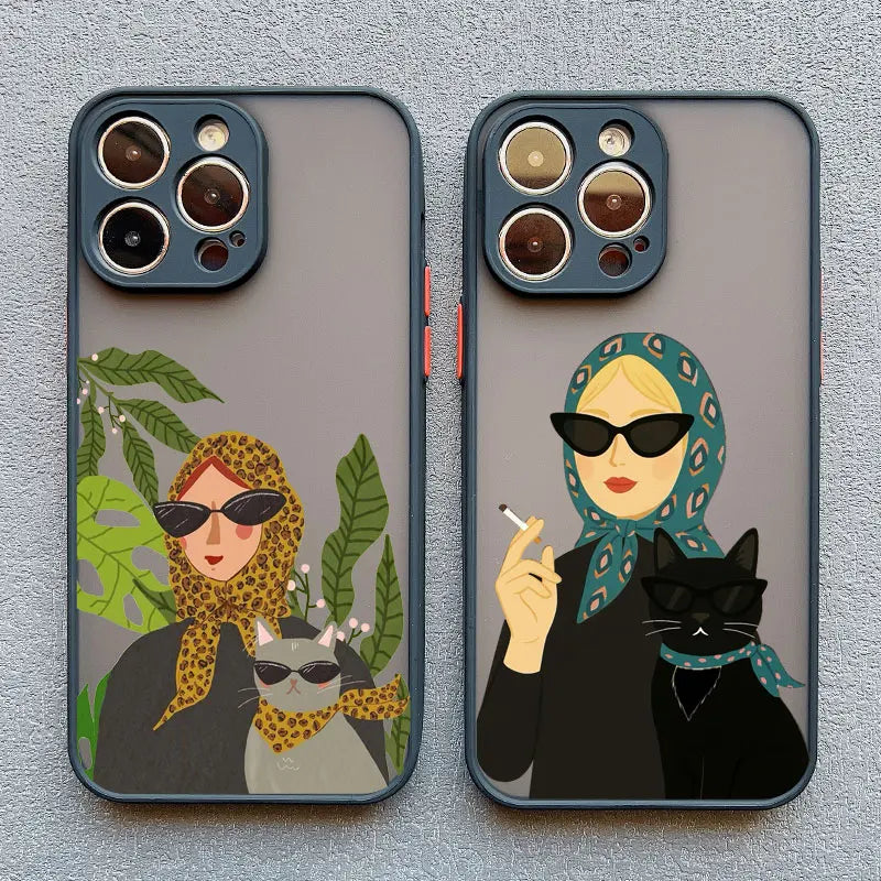 Cartoon Cat And Woman Plaid Pattern Phone Case For iPhone 17 16 15 14 Pro Max Plus 12 13 Mini 11 Pro Max XR XS X 7 8 SE2 Covers