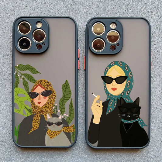 Cartoon Cat And Woman Plaid Pattern Phone Case For iPhone 17 16 15 14 Pro Max Plus 12 13 Mini 11 Pro Max XR XS X 7 8 SE2 Covers