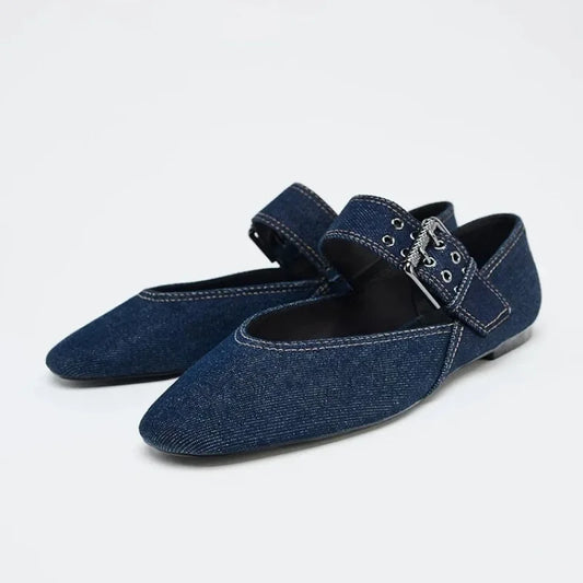 Blue Retro Denim Flat Shoes Women's Ballet Style Casual Footwear Comfortable
