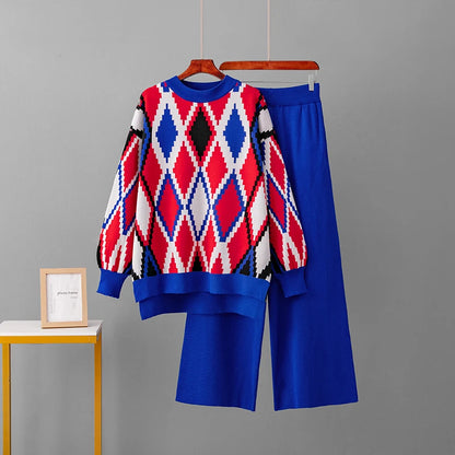 Knitted Two-Piece Matching Sets for Women Loose Trousers Suit Long Sleeve Top Wide Leg Pants Casual Outfits Lozenge Sweater