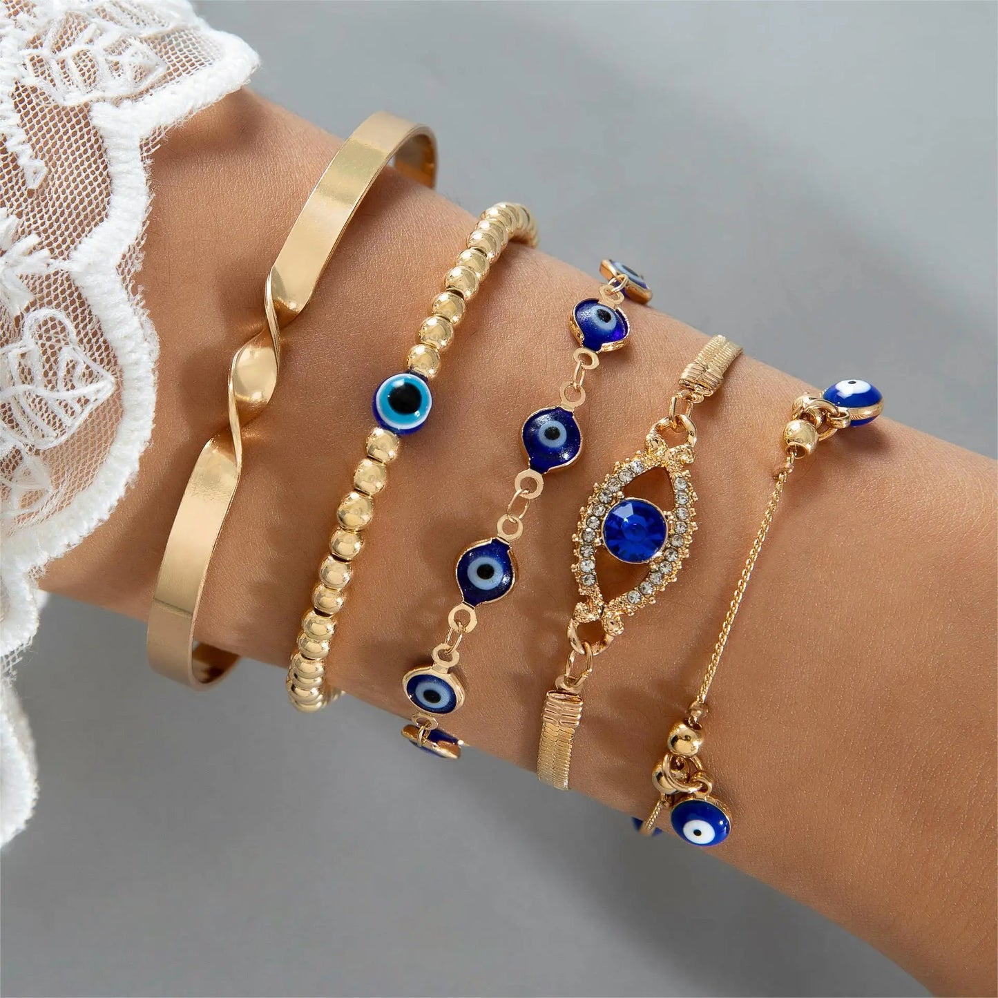 Vintage Multi-Layered Stacking Bracelet Set for Women Men Trendy Turkish Lucky Blue Evil Eye Beaded