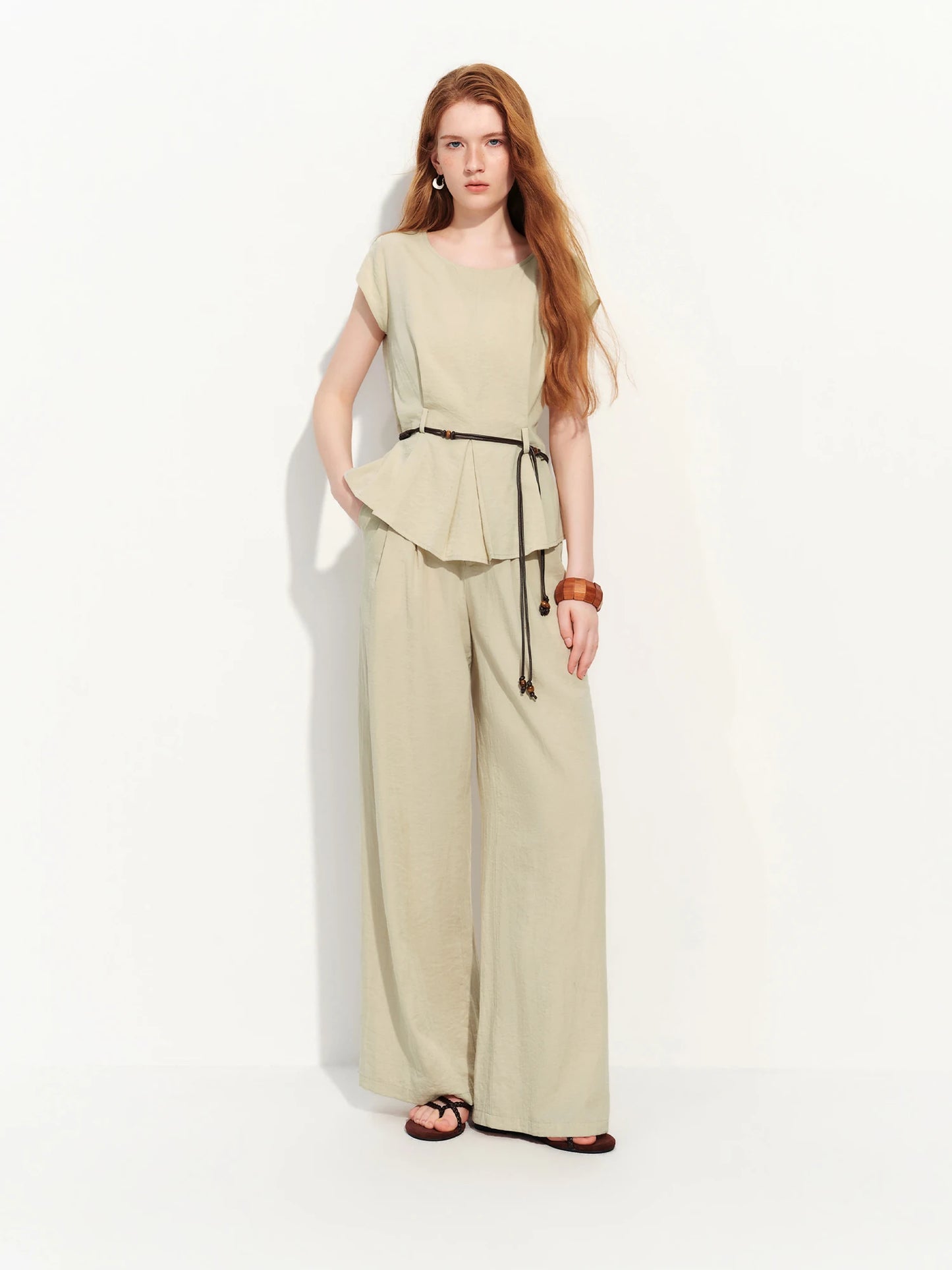 Women's Round Neck Waist-Defining Top & Wide Leg Pants Two-Piece Set - Refined Style for Daily and Office Wear
