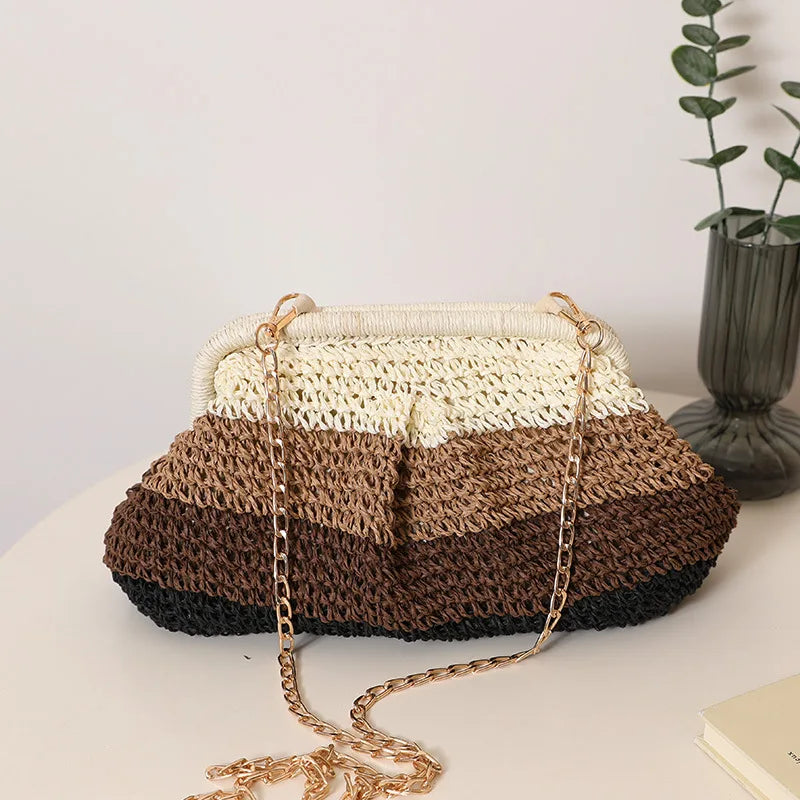 Color Striped Shell Clip Shoulder Bag Paper Rope Beach Bags for Women