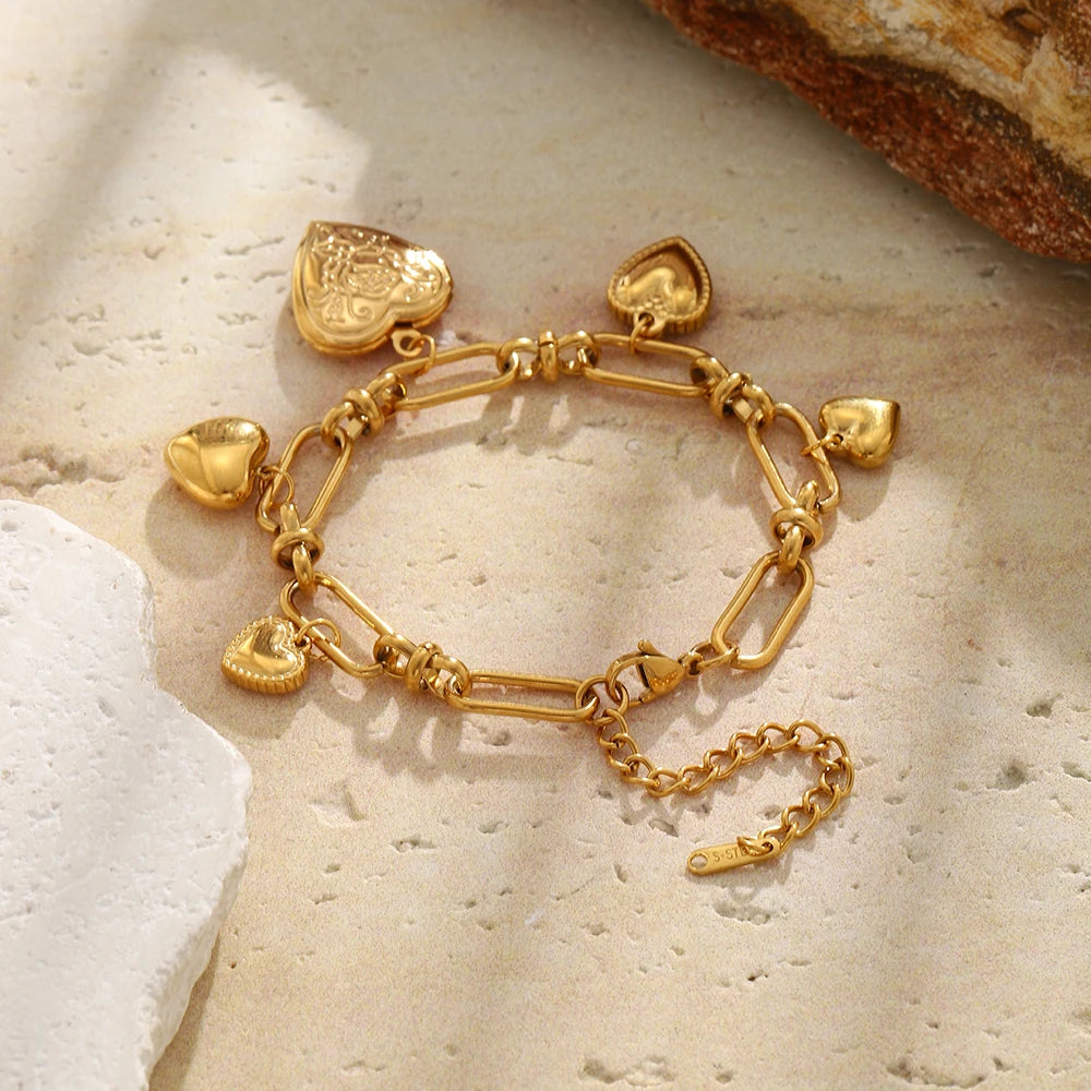 18K Gold Plated Heart Pendant Bracelet Stainless Steel Paperclip Jewelry For Women