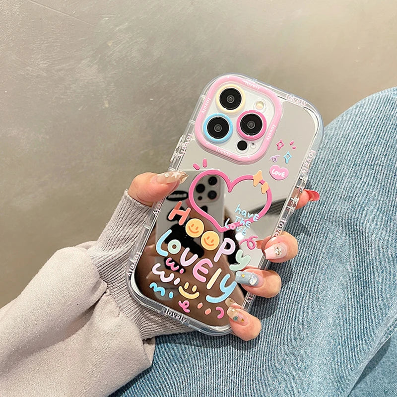 Lovely Girl Heart Mirror Phone Case For iPhone 11 12 13 14 15 16 Pro Max Back Cover