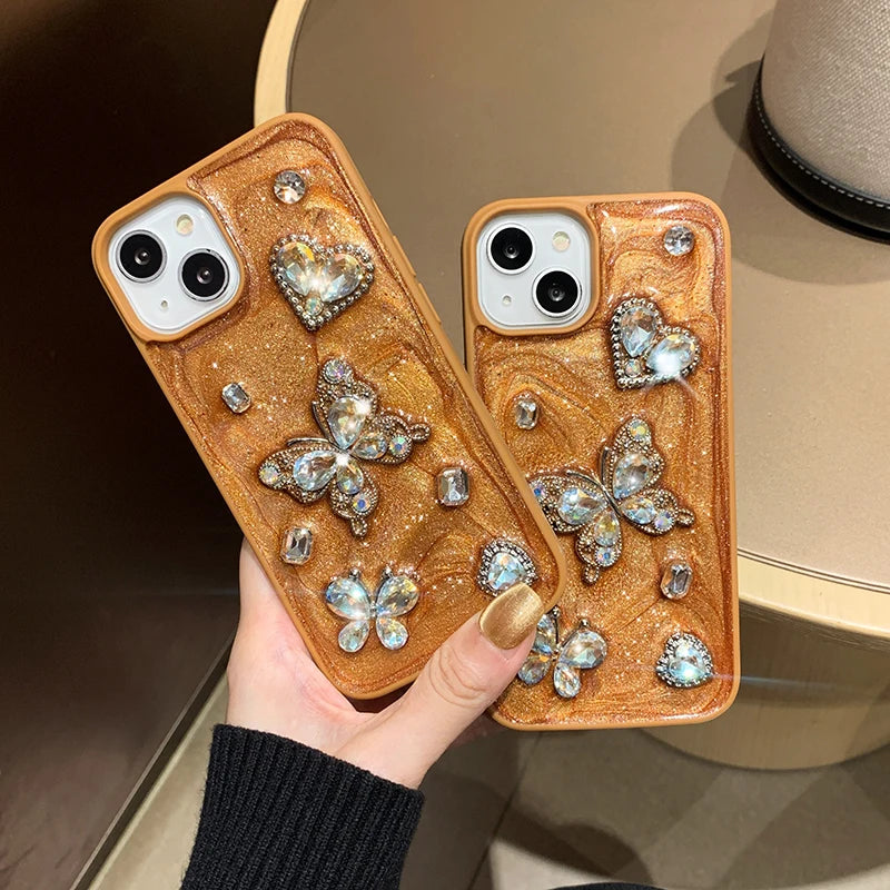 Luxury 3D Diamond Butterfly Glitter Case For iPhone 16 Pro Max 15 13 12 11 14 Plus Drip Glue Rhinestone Silicone Phone Cover