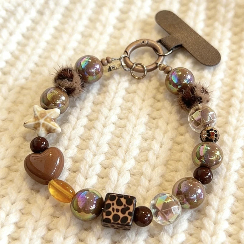 Personalized Creative Plush Sea Star Leopard Pattern Short Handheld Chain Square Beaded Wrist Strap With Clip For Phone Case