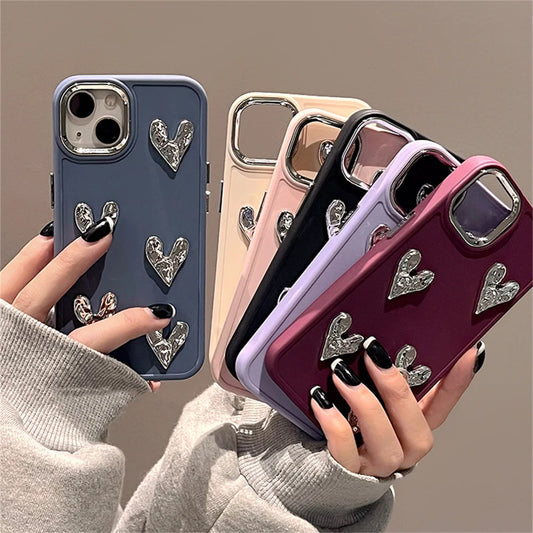 Sliver Love Heart Case For iPhone 13 12 11 14 15 16 Pro XS MAX 8 Plus