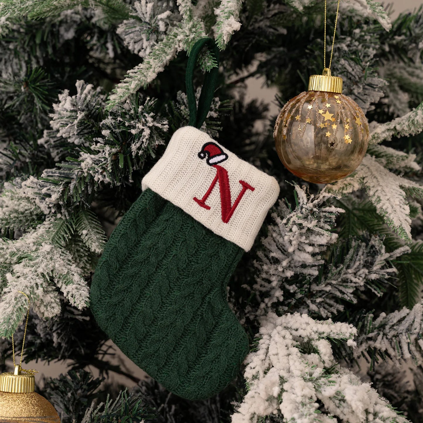 Green A-Z Letter Hanging Christmas Stockings Monogram Knitted Socks