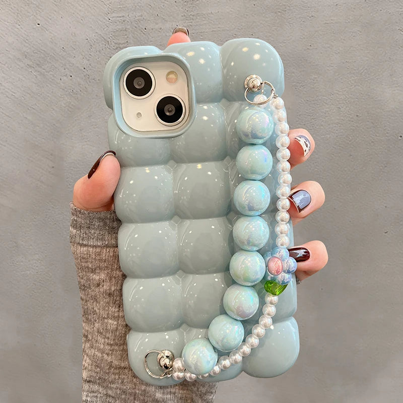 Luxury Pearl Bracelet  3D Ice Lattice Case For iPhone 13 Pro Max 16 15 14 11 12 Phone Back Cover