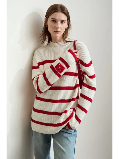 Minimalism Women's  Sweaters French Contrast Color Stripe Casual Long Sleeve