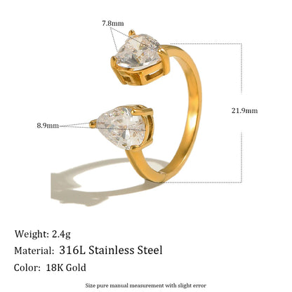 18K Gold Plated Heart CZ Jewelry Set Stainless Steel Hypoallergenic Necklace Open Ring Sets Fashion Luxury Jewelry