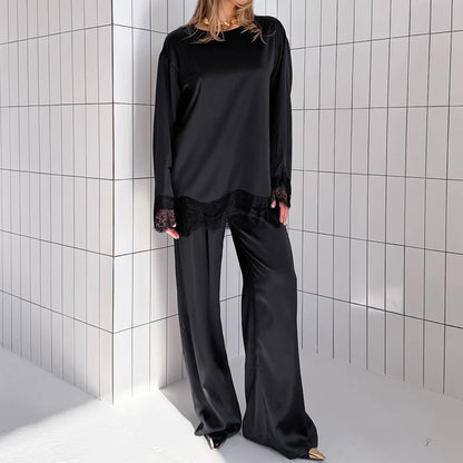 Black Fashion Loose Woven Elastic Ladies Pajamas Two-Piece Round Neck Long Sleeve Lace Top Elastic Waist Full Length Pants