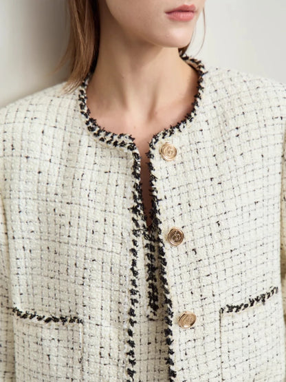 Women's Woolen Coat Elegant O-Neck Plaid Medium Long