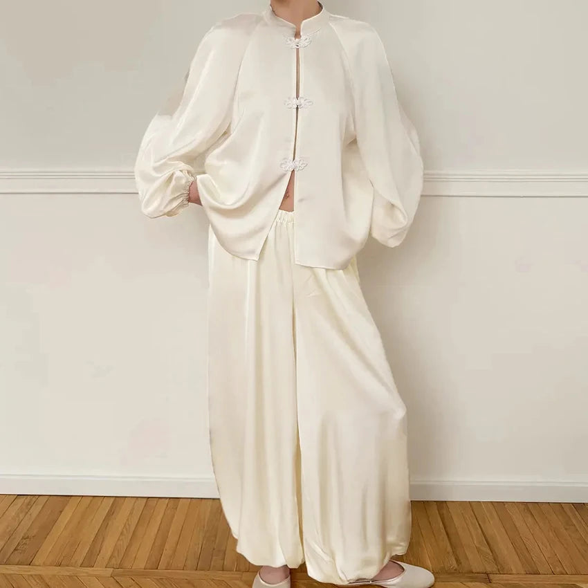 Casual Loose Woven Inelastic Pajamas 2 Piece Suit Long Sleeves Medium Collar Single-Breasted Top Full Length Pants