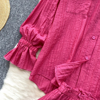 Elegant Polo-neck Vintage Long Flare Sleeves Chic Single Breasted Shirts High Waist Wide Leg Short Pants Sets