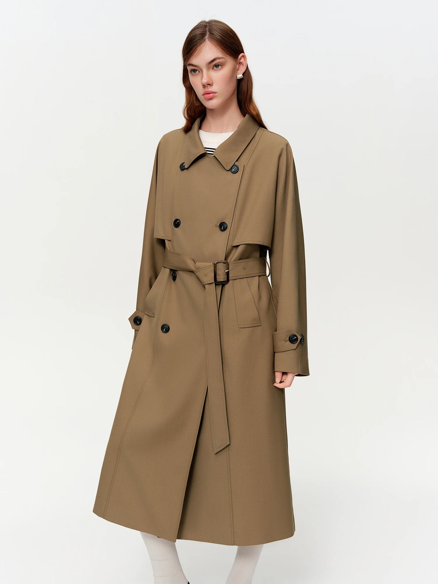 Classic Khaki Double Breasted Long Trench Coat - Spring Oversized Lapel Coat with Belted Waist for Casual and Office Wear