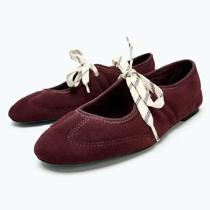 Ballet Flats Lace Up Round Toe Shoes Women Shallow Comfy Casual & Soft