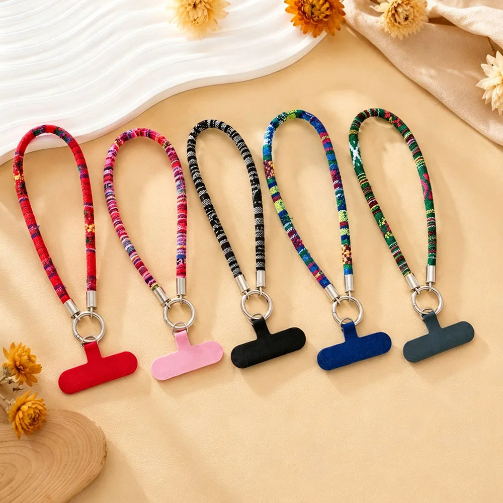 6mm Thick Ethnic Pattern Fabric Phone Wrist Lanyard Boho Braided Short Hand Strap for Cell Phone Detachable Anti Drop Key Chain