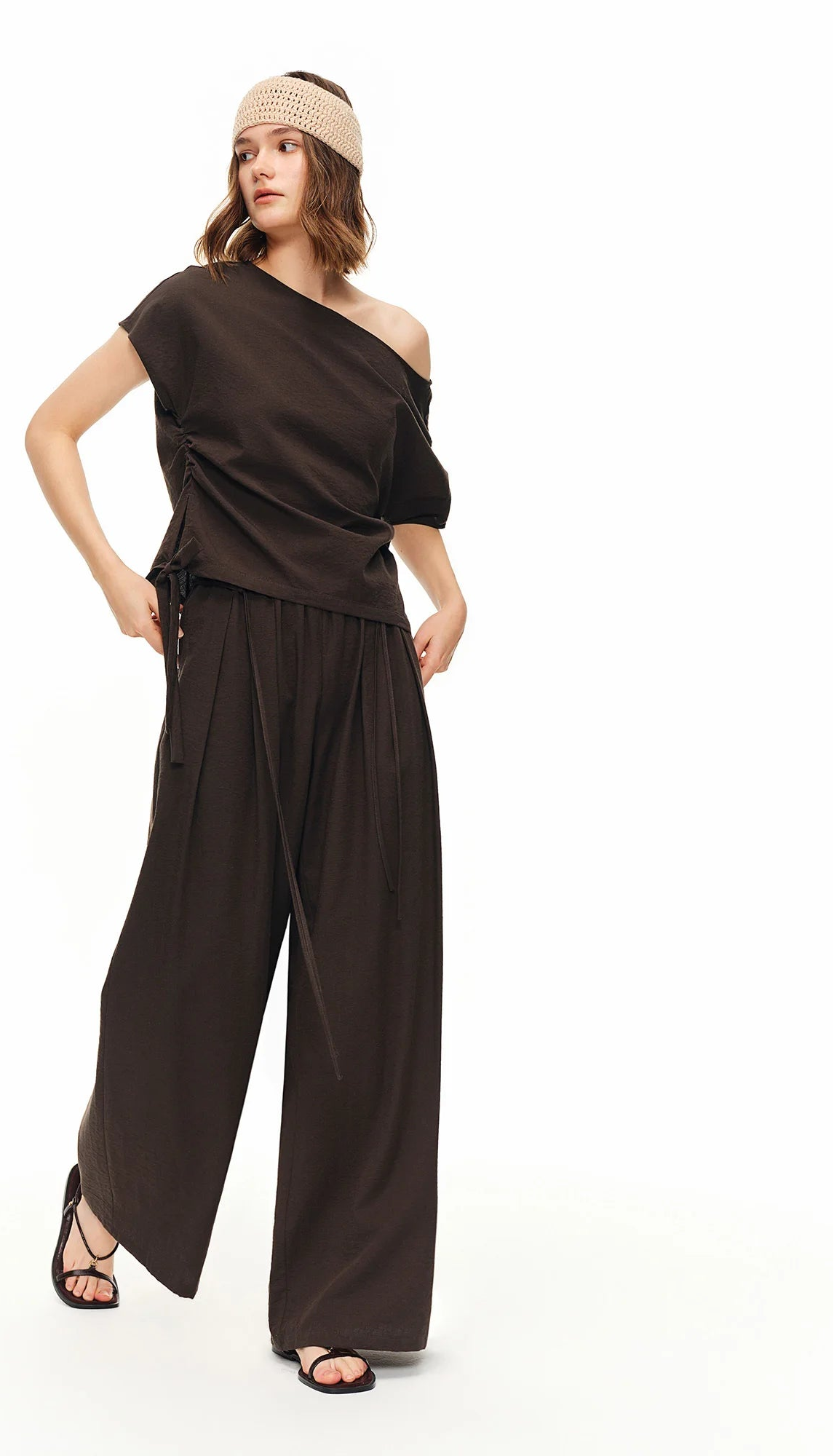Women's Weekend Pleated Blouse Wide-Leg Pants Elegant Summer Lightweight Off-Shoulder Two-Piece Outfit
