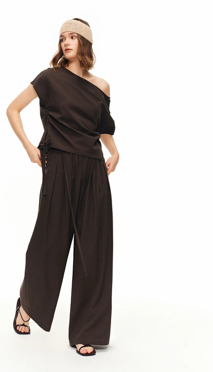 Women's Weekend Pleated Blouse Wide-Leg Pants Elegant Summer Lightweight Off-Shoulder Two-Piece Outfit