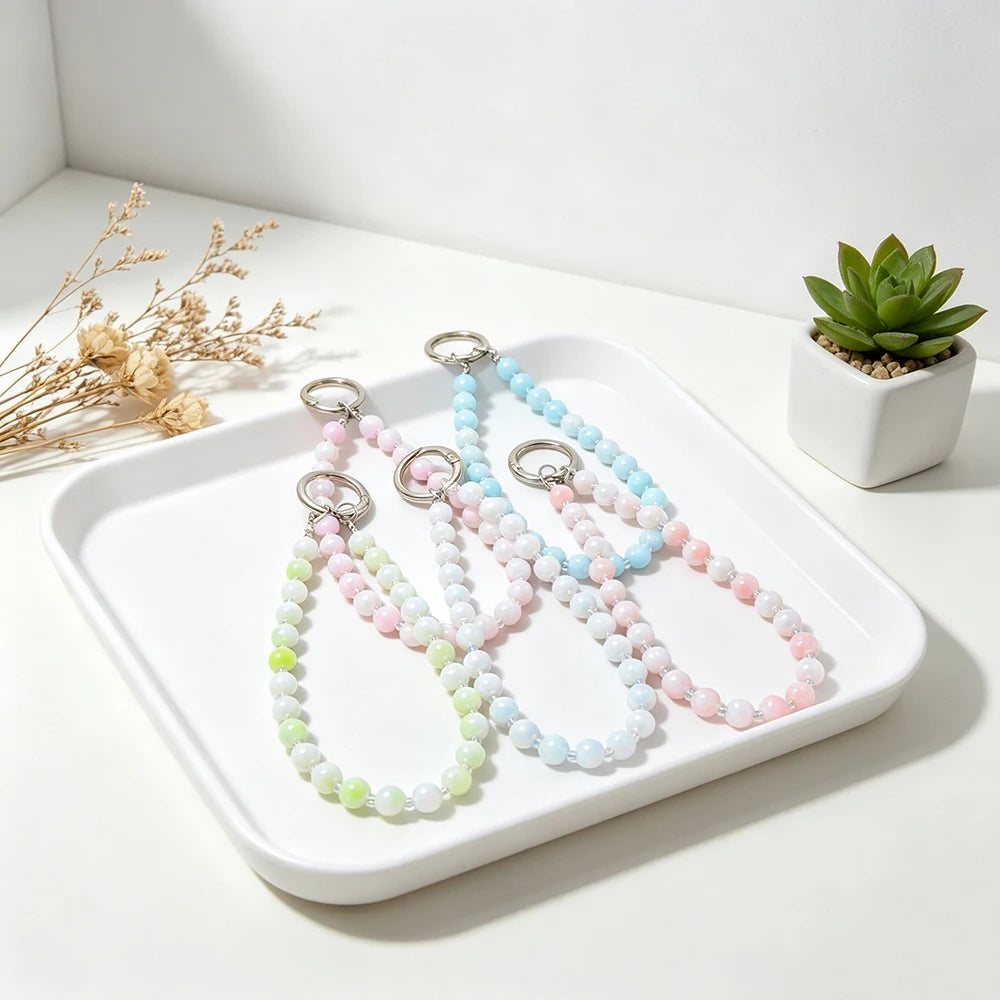 Anti-lost Beaded Phone Lanyard Aesthetic Iridescent Acrylic Beads Wrist Strap Phone Chain Durable Keychain Bag Charm for Women
