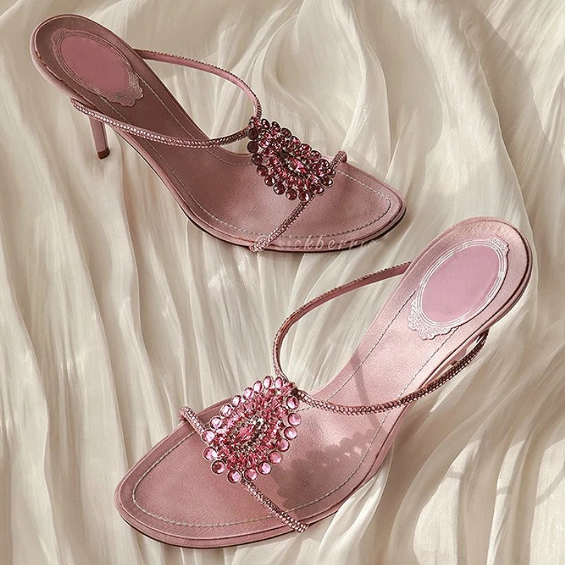 Luxury Diamonds Thin Heels Slippers Women Open Toe Summer Elegant Slides Pink Crystal Designer Brand Banquet Party Sandals Women