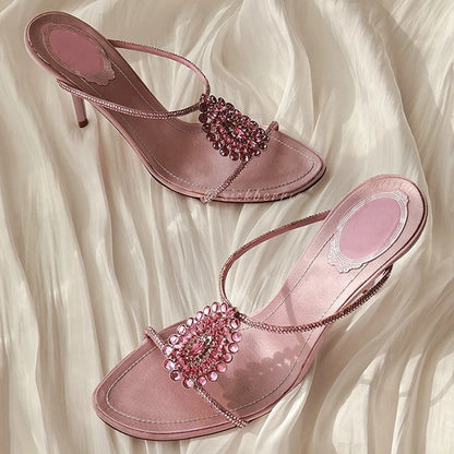 Luxury Diamonds Thin Heels Slippers Women Open Toe Summer Elegant Slides Pink Crystal Designer Brand Banquet Party Sandals Women