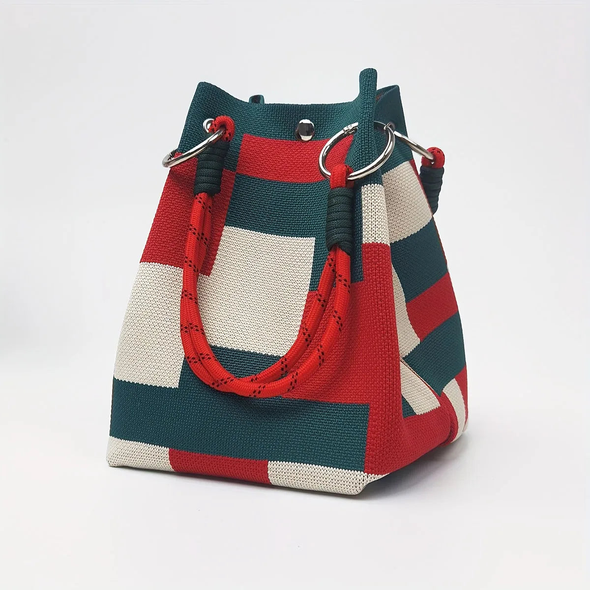 Multi-color knitted retro bucket handbag simple and color-blocked,versatile and easy to carry with you