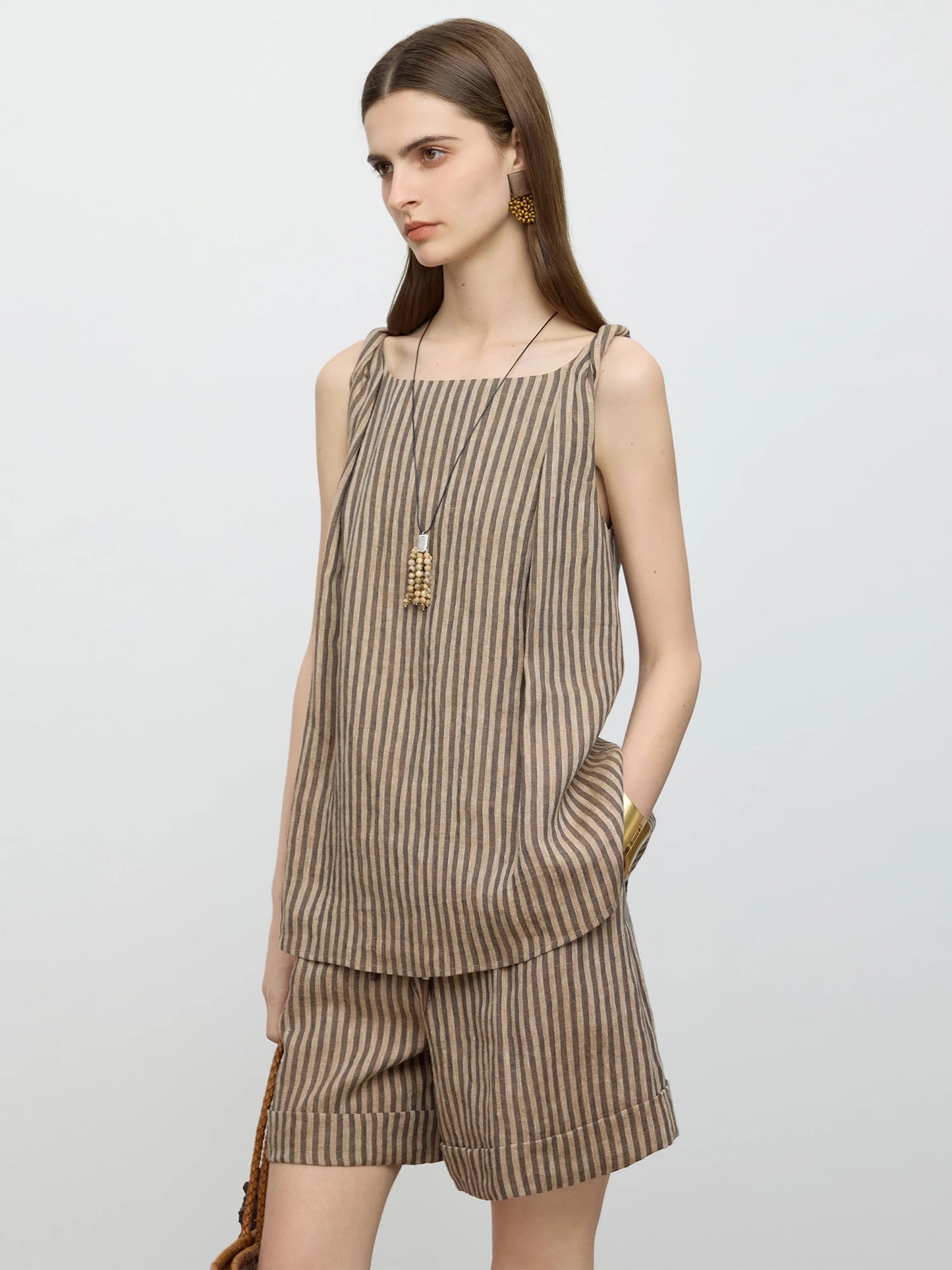 Linen Striped Top Shorts Suit Women Summer