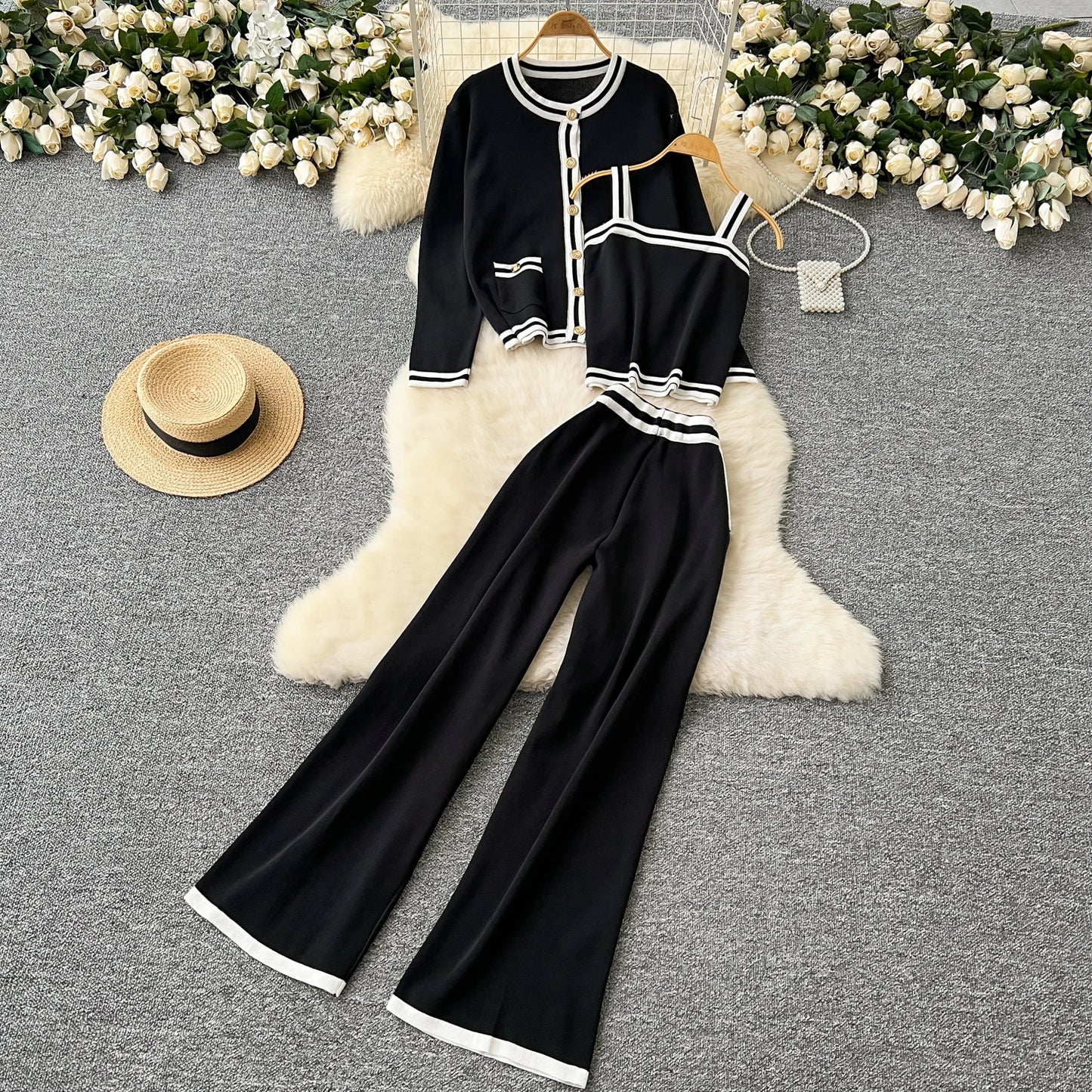 Women Three-Piece Sets Slim Single Breasted Coat Straps Camis Top High Waist Wide Leg Pants High Street Autumn Winter Clothing