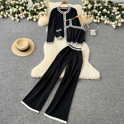 Women Three-Piece Sets Slim Single Breasted Coat Straps Camis Top High Waist Wide Leg Pants High Street Autumn Winter Clothing