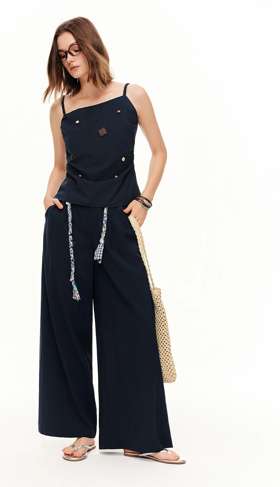 Women Coastal Wander Leisure Fashion Outfit,New French Holiday Camisole & High Waist Wide Leg Pants Set