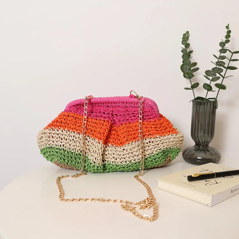 Color Striped Shell Clip Shoulder Bag Paper Rope Beach Bags for Women