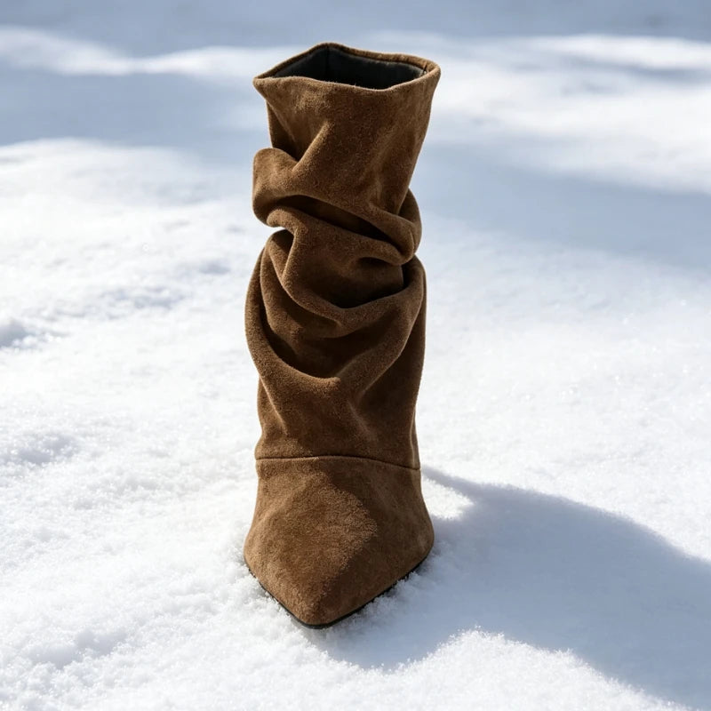 Women High Boots Pointed-Toe Pleated