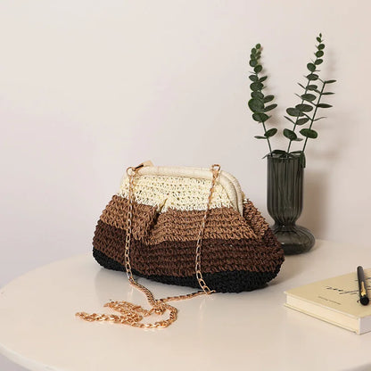 Color Striped Shell Clip Shoulder Bag Paper Rope Beach Bags for Women