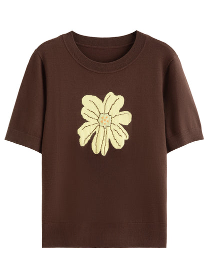 Knit Top - Short Sleeve Casual Blouse Women's Daily Wear Soft Patterned T-Shirt