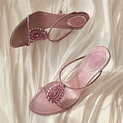 Luxury Diamonds Thin Heels Slippers Women Open Toe Summer Elegant Slides Pink Crystal Designer Brand Banquet Party Sandals Women