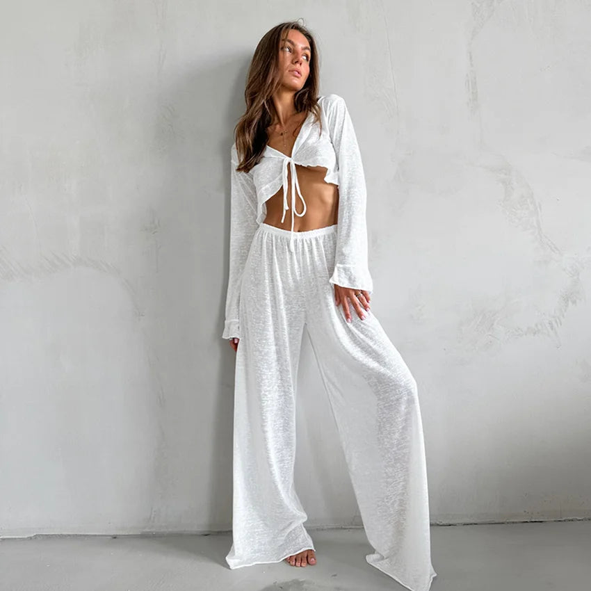 V-Neck Knitted Thin Trousers Pajamas Women Casual Lace-Up Crop Tops With Loose Long Pants Sleepwears White Suits