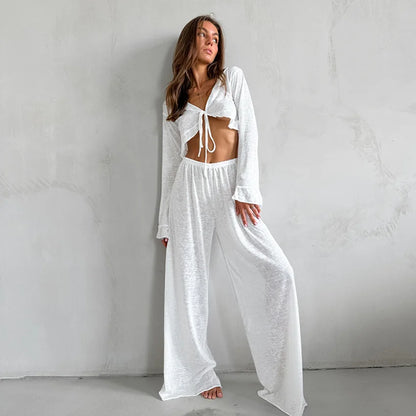 V-Neck Knitted Thin Trousers Pajamas Women Casual Lace-Up Crop Tops With Loose Long Pants Sleepwears White Suits