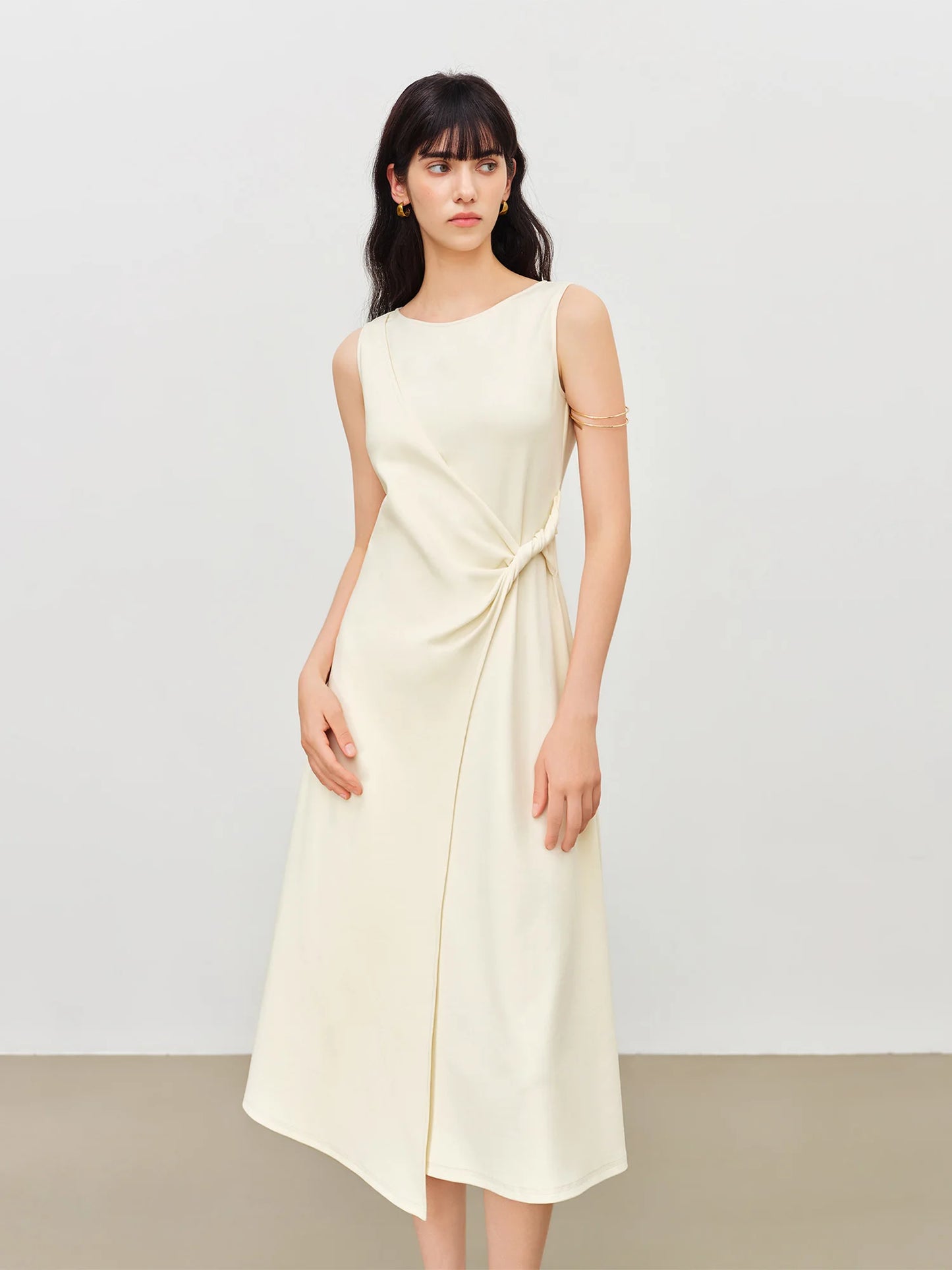 Women's French-Inspired Twist Knot Midi Dress Ruched Waist & Asymmetric Hem - Elegant Style for Daily Wear
