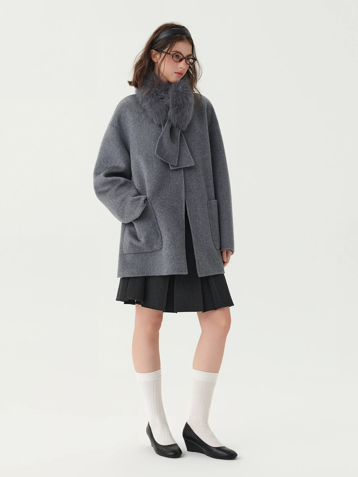 Wool-blend Coat Women Fox Fur Collar Thick Loose Mid Length for Winter