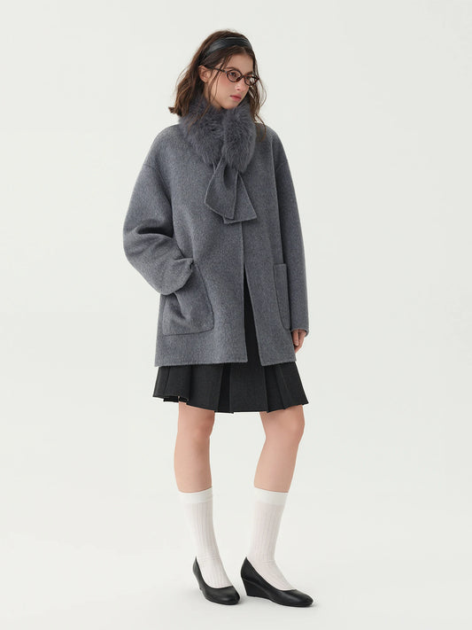 Wool-blend Coat Women Fox Fur Collar Thick Loose Mid Length for Winter