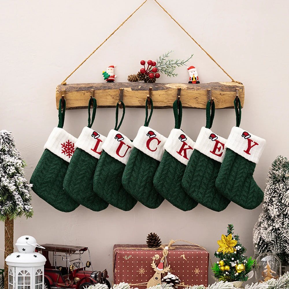 Green A-Z Letter Hanging Christmas Stockings Monogram Knitted Socks