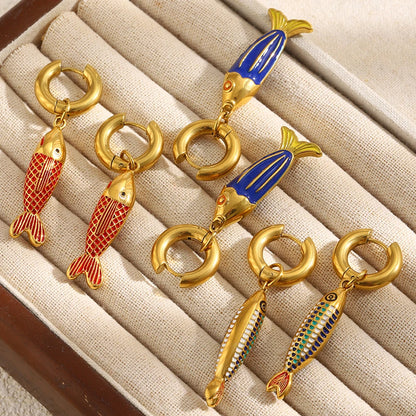 Colored Blue Green Oil Dripping Fish Earrings Enamel Hoop Earring Women's Hypoallergenic Tarnish Free Jewelry