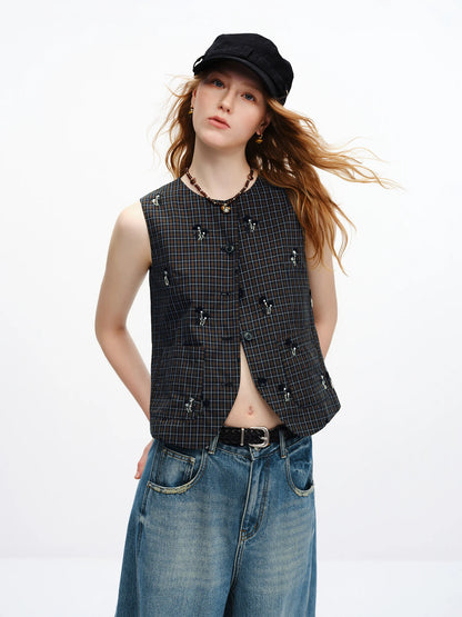 Women's New Vintage Beaded Black Plaid Tweed Vest & Skirt Set | Elegant Lady Two-Piece Outfit