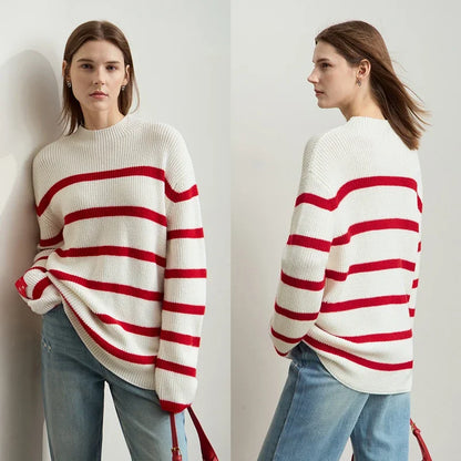 Minimalism Women's  Sweaters French Contrast Color Stripe Casual Long Sleeve